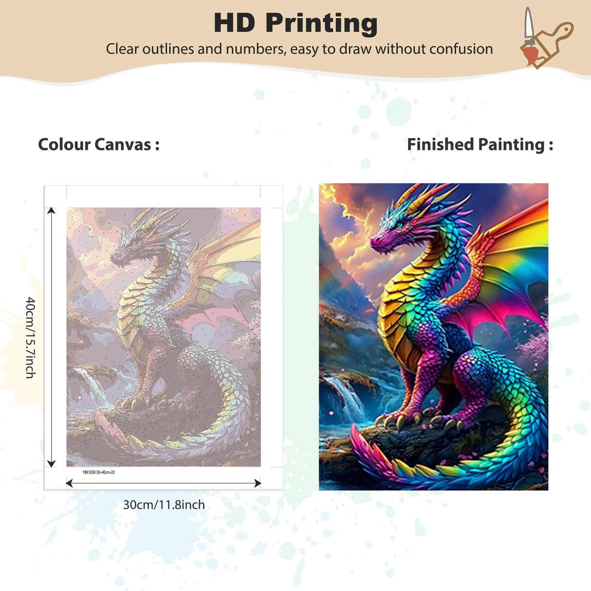 EOBROMD Framed Paint by Numbers Kits for Adults Colourful Dragons, DIY Kits Crafts for Beginner on Stretched Canvas, 3 Paint Brushes and Acrylic Paint for Home Decor 12x16inch EOBROMD