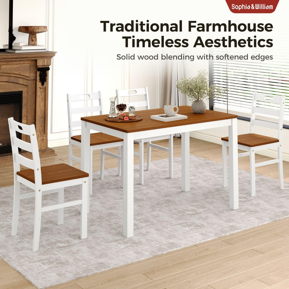Sophia & William 5 Piece Dining Table Set for 4, Wood Kitchen Table and Chairs,Space-Saving Farmhouse Dining Sets,Walnut & White Sophia & William