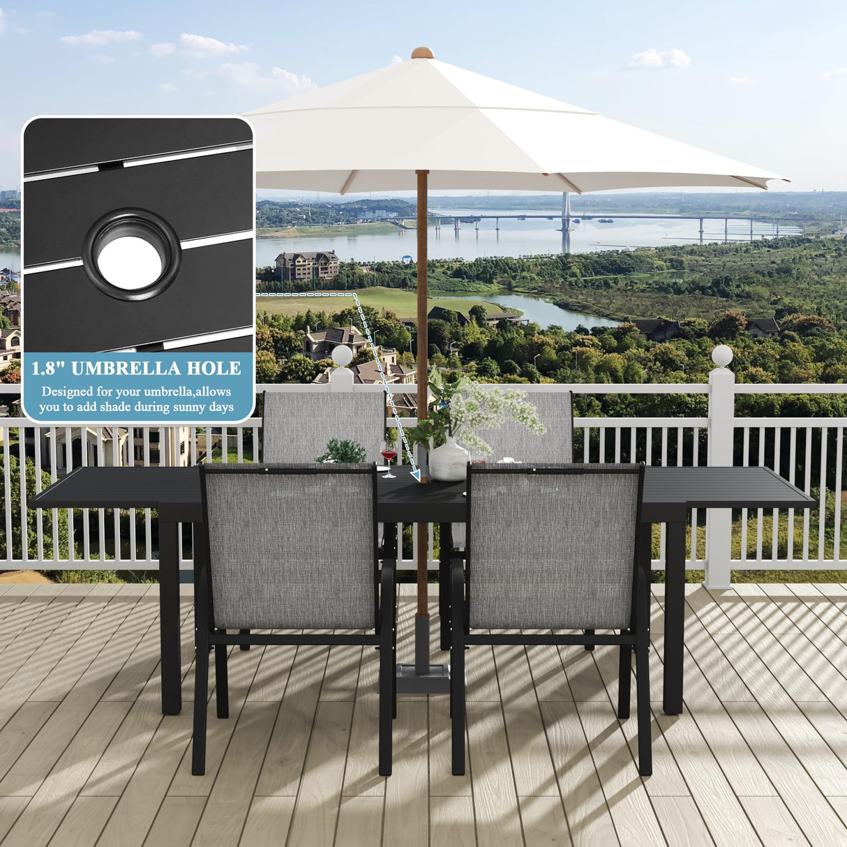 Outdoor Expandable Dining Table 71"-106" Aluminum Patio Dinner Table for 8-10 Person, Rectangular Metal Collapsible Tables with Umbrella Hole, Patio Tables with Extendable Top for Garden, Backyard PIZZELLO