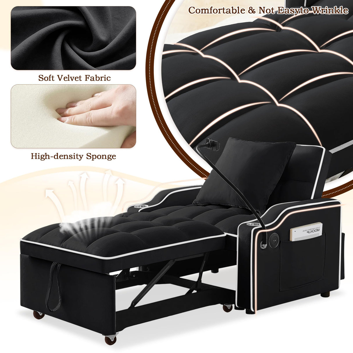 SLEERWAY 3-in-1 Convertible Futon Sofa Bed Chair, Multi-Functional Sleeper Chair Bed with Pull Out Couch and Adjustable Backrest, Modern Velvet Chaise Lounge Armchair for Living Room Bedroom, Black SLEERWAY