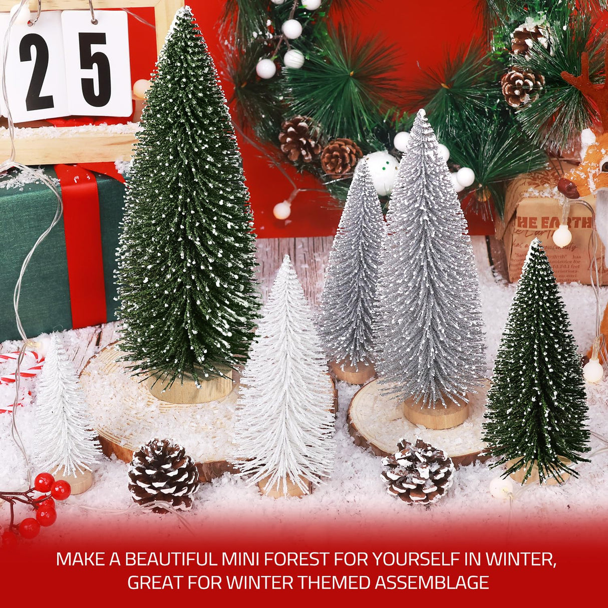 6pcs Mini Christmas Trees Christmas Decor, Artificial Christmas Mini Bottle Brush Trees Tabletop, Christmas Decoration Trees with 4 Size Xmas Holiday Decor (6pcs Green+Silver+White) KPX