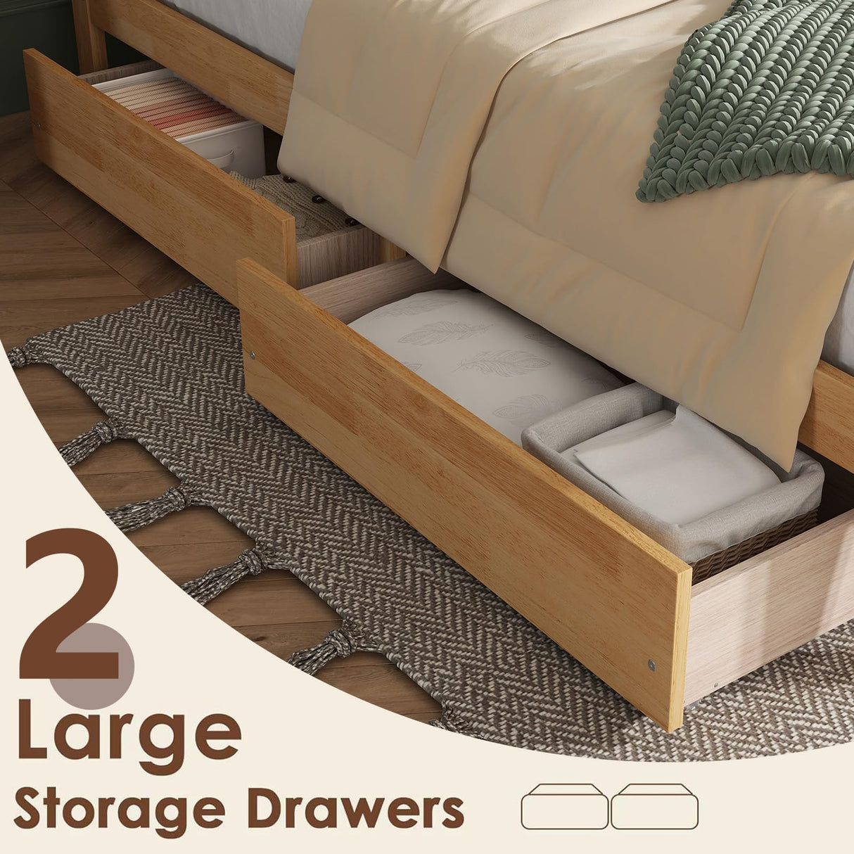 HRVEOCEI Boho Bed Frame King with Rattan Headboard, Rattan Bed Frame& King Beds Frames with Wood Legs, Solid Wood Beds Frames with Storage Underneath,Easy Assembly (White Oak, Kings) HRVEOCEI