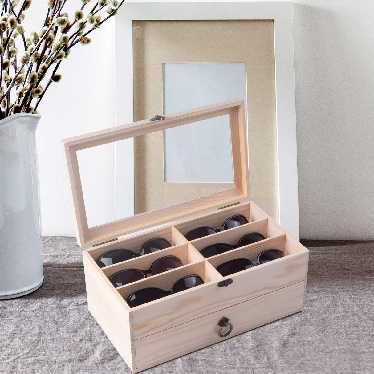 AUTOARK Pine Wood 12 Piece Eyeglasses Storage and Sunglass Glasses Display Drawer Lockable Case Organizer,DIY Colors,AW-171 AUTOARK