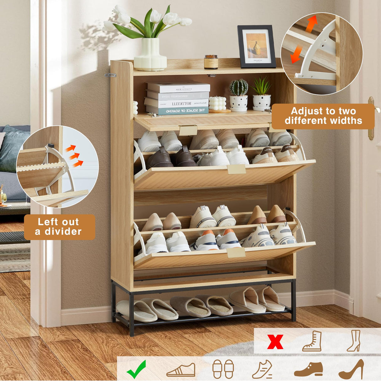 affeivul Hidden Shoe Cabinet for Entryway Slim, Free Standing Narrow Shoe Rack Cabinet Rattan Carving, 2 Flip Drawer Shoe Storage Organizer Cabinet for Closet,Door,Dorm,Garage,Small Spaces - Natural affeivul