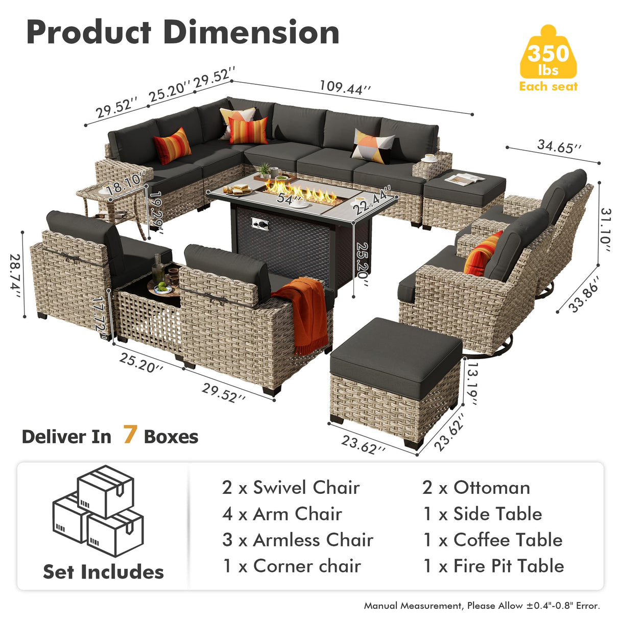 HOOOWOOO Outdoor Sectional Patio Furniture Set with Fire Pit Table,15 Pieces Wicker Conversation Sets L Shaped Couch,Extra Deep Out Door Sofa Outside Furniture with Swivel Chairs Ottomans,Black HOOOWOOO
