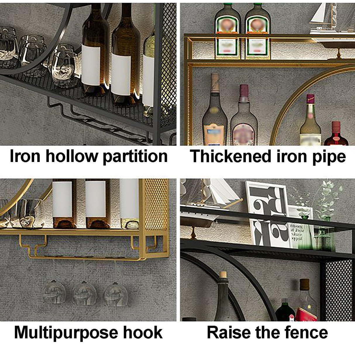 Wine Rack Wall Mounted 3 Tier Metal, Floating Shelves For Kitchen With LED Light, Hanging Floating Bar Liquor Bottles Bar Wall Shelves, Liquor Bar Display Shelf, For Home Bars Kitchen(Black,100x80x15c Qxgylz