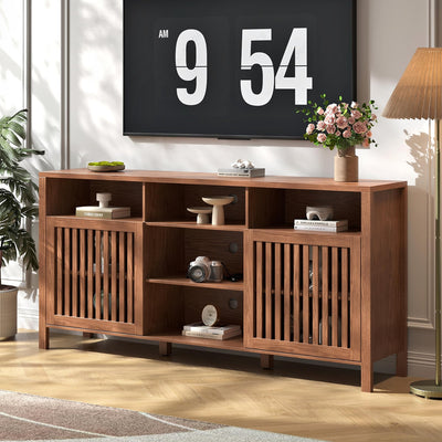 BVIUNTWO Farmhouse Brown TV Stand with Grille Doors, 5 Open Storage Compartments, 65" Media Console with Adjustable Shelves for Living Room