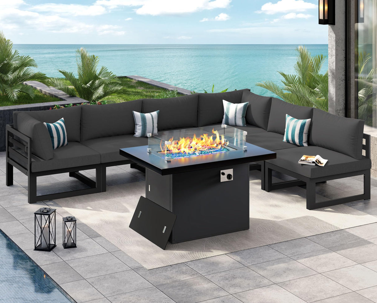 NICESOUL 7 Piece Modern Aluminum Outdoor Furniture Set with Fire Pit Propane/Gas, 29 inch Deep Wide Seat, All Weather Patio Conversation Set, L Shaped Modular Sectional Sofa for Backyard, Dark Gray NICESOUL