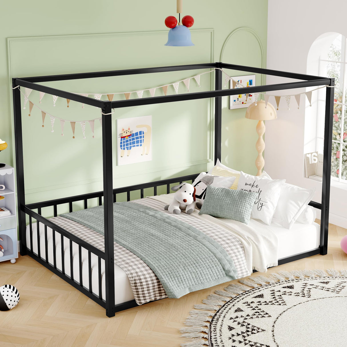 Full Size Canopy Bed Frame with 4 Posters and Guardrails, Full Size Montessori Floor Bed with High Fence, Anti Bump Design, Easy Assemble, Metal Montessori Bed Black Bellemave