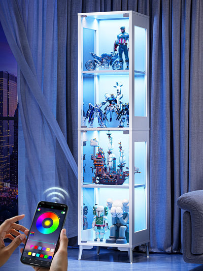 Glass Display Cabinet with Single Door, 4-Tier Display Case with Adjustable Shelves, RGB LED Lights with App & Remote Control, Metal Base Curio Storage Cabinet for Collectibles, Books, Living Room