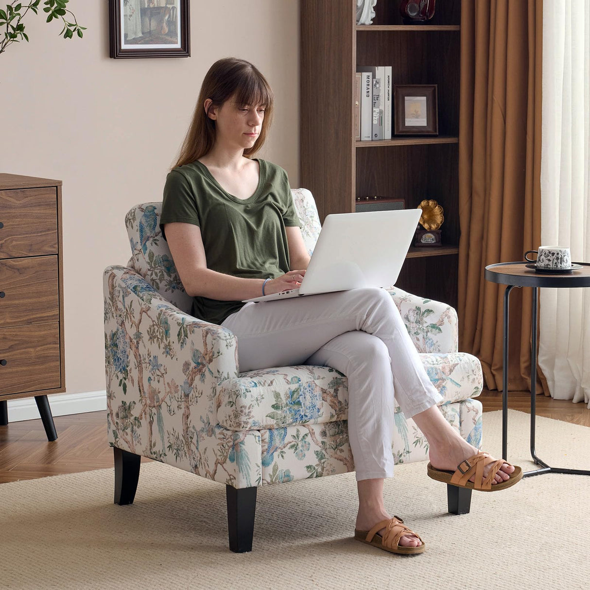 Bezseller Floral Accent Chair, Upholstered Reading Armchair with Wood Legs, Mid-Century Leisure Comfy Single Sofa Chair for Living Room, Bedroom, Home, Office, White Floral Bezseller