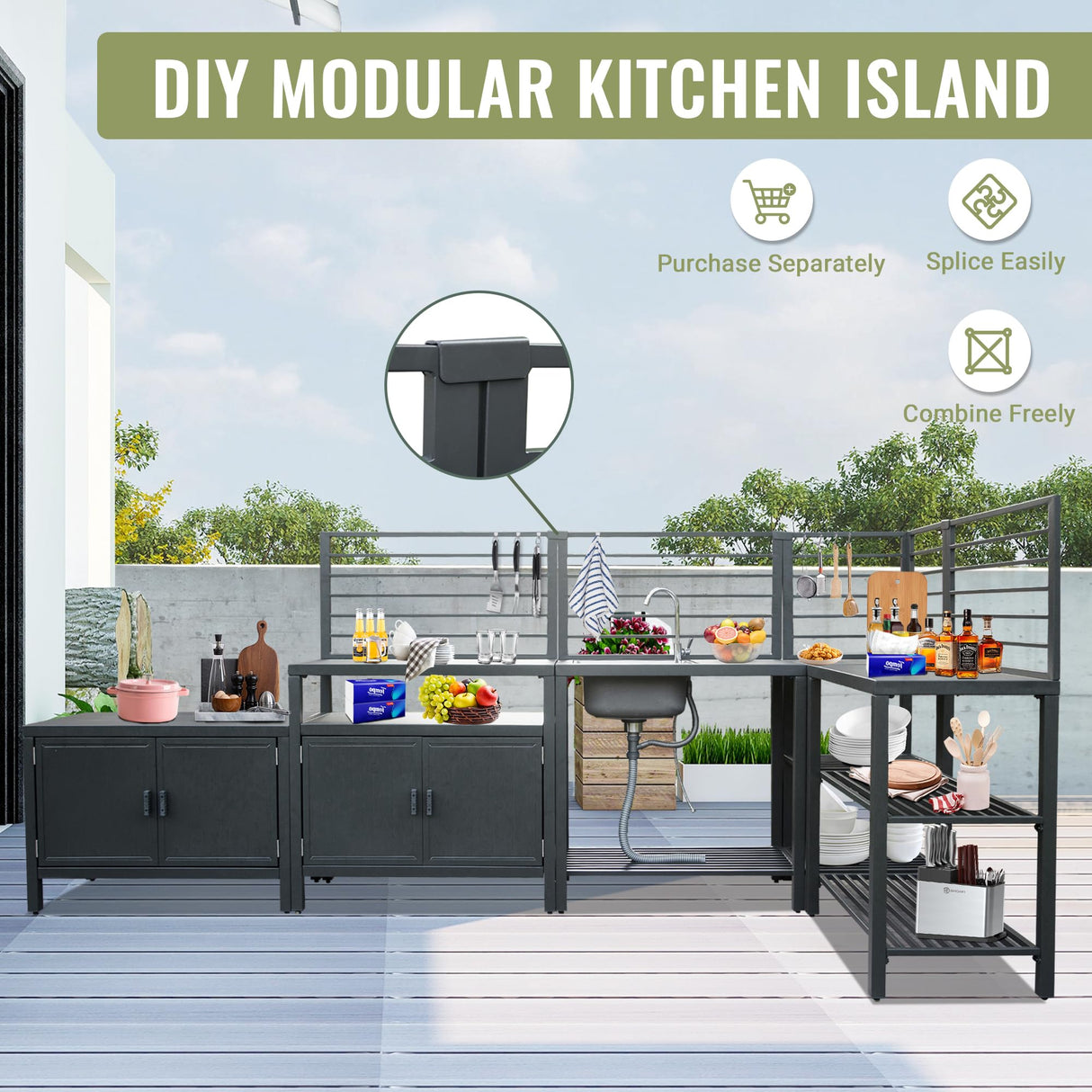 Domi Outdoor Kitchen Island, 5-Piece Modular Kitchens Counter with Whole Aluminum Finish & Shelf & Wall Hanging & Countertop & Sink & Storage Box & Cover, Kitchen Series for Deck Patio, Dark Gray domi outdoor living