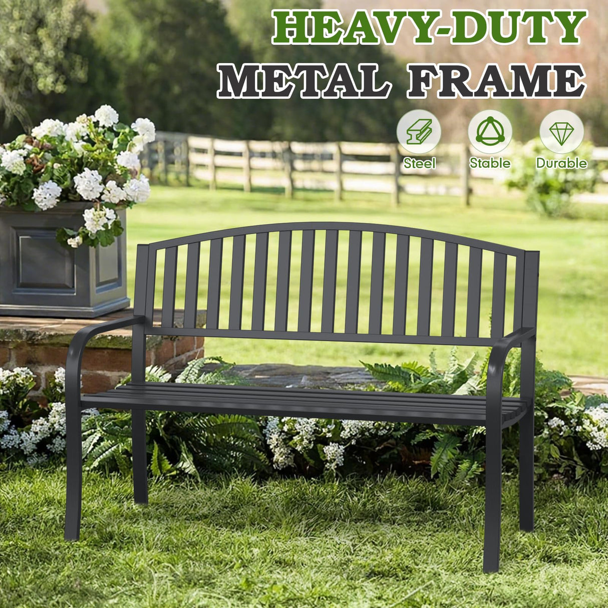 Optmspic 50" Outdoor Garden Bench, Iron Metal Frame Patio Bench with Backrest Armrests, Weatherproof Anti-Rust Outdoor Bench for Front Porch, Park, Yard, Patio (402-32BK) Optmspic