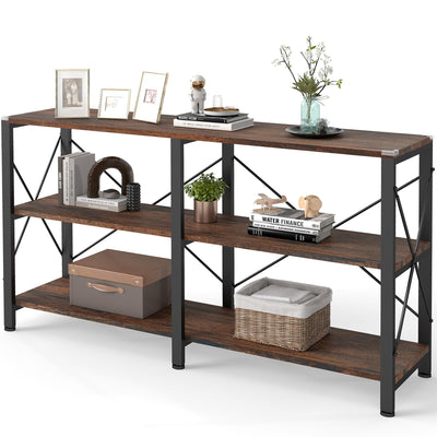 Skandiquip 55" 3 Tier Industrial Book Shelf, Free Standing Horizontal Low Metal Rustic Farmhouse Book Case with Wood Shelves for Home Office, Den, or Living Room Rustic Brown and Black