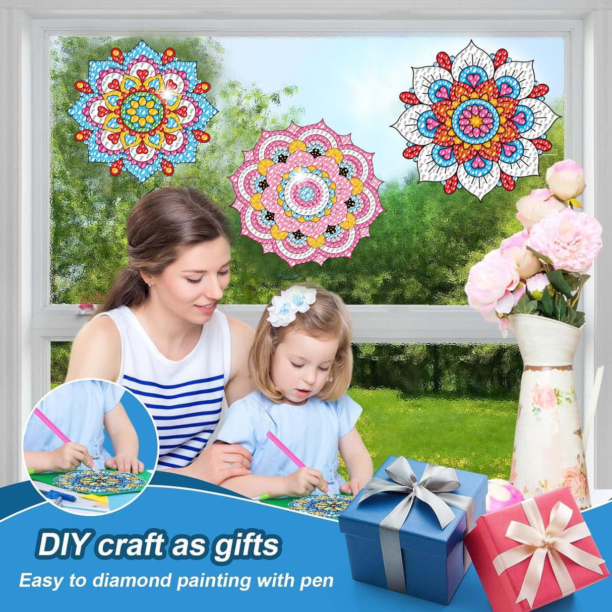 ACSAUMMY DIY Diamond Art Window Clings, 6pc Mandala Suncatchers Reusable Stained Glass Decals 5D Diamond Art Painting Static Window Stickers, Gem Craft Kit for Adults Kids Home/Indoor Decor, Gift ACSAUMMY