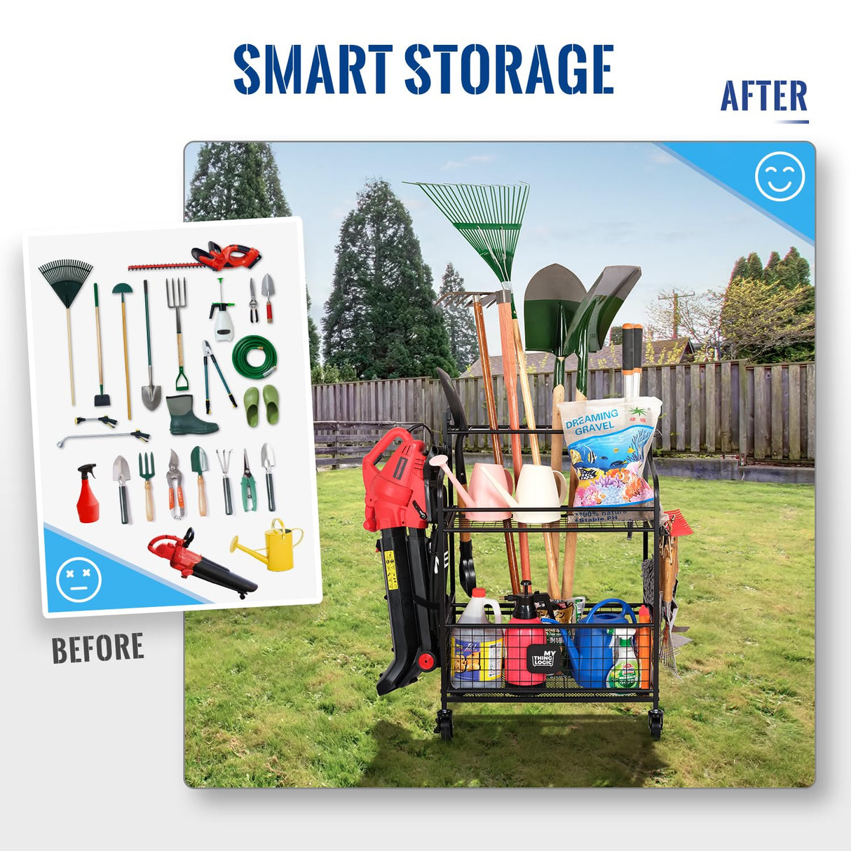 Mythinglogic Garden Tool Organizer for Garage, Yard Tool Rack with Wheels, Garage Organizers and Storage Holder for Yard Tools (Deluxe Tower) Mythinglogic