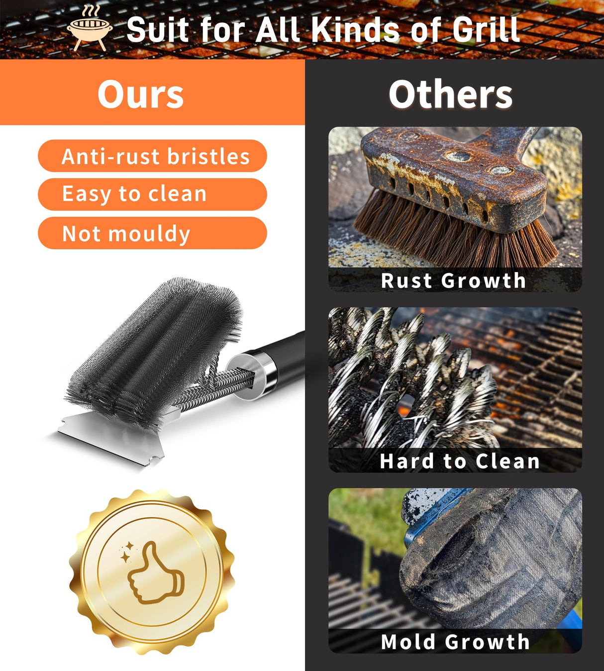 PePeng Grill Brush with Scraper, Non-Slip Handle, Bottle Opener, 3 in 1 Extra Strong BBQ Cleaner Accessories, Deep Clearning Brush for Gas/Charcoal Grilling Grates Pepeng