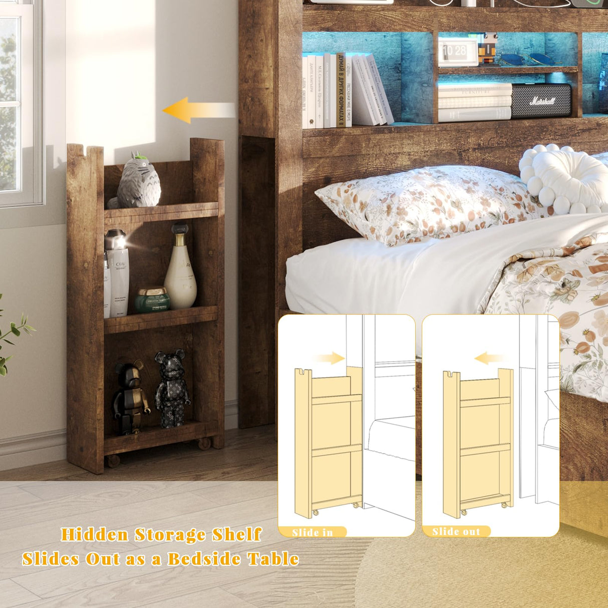 LUXOAK Rustic Brown King Bed Frame with Bookcase Headboard, RGB LED, Charging Station, and Storage Drawers LUXOAK