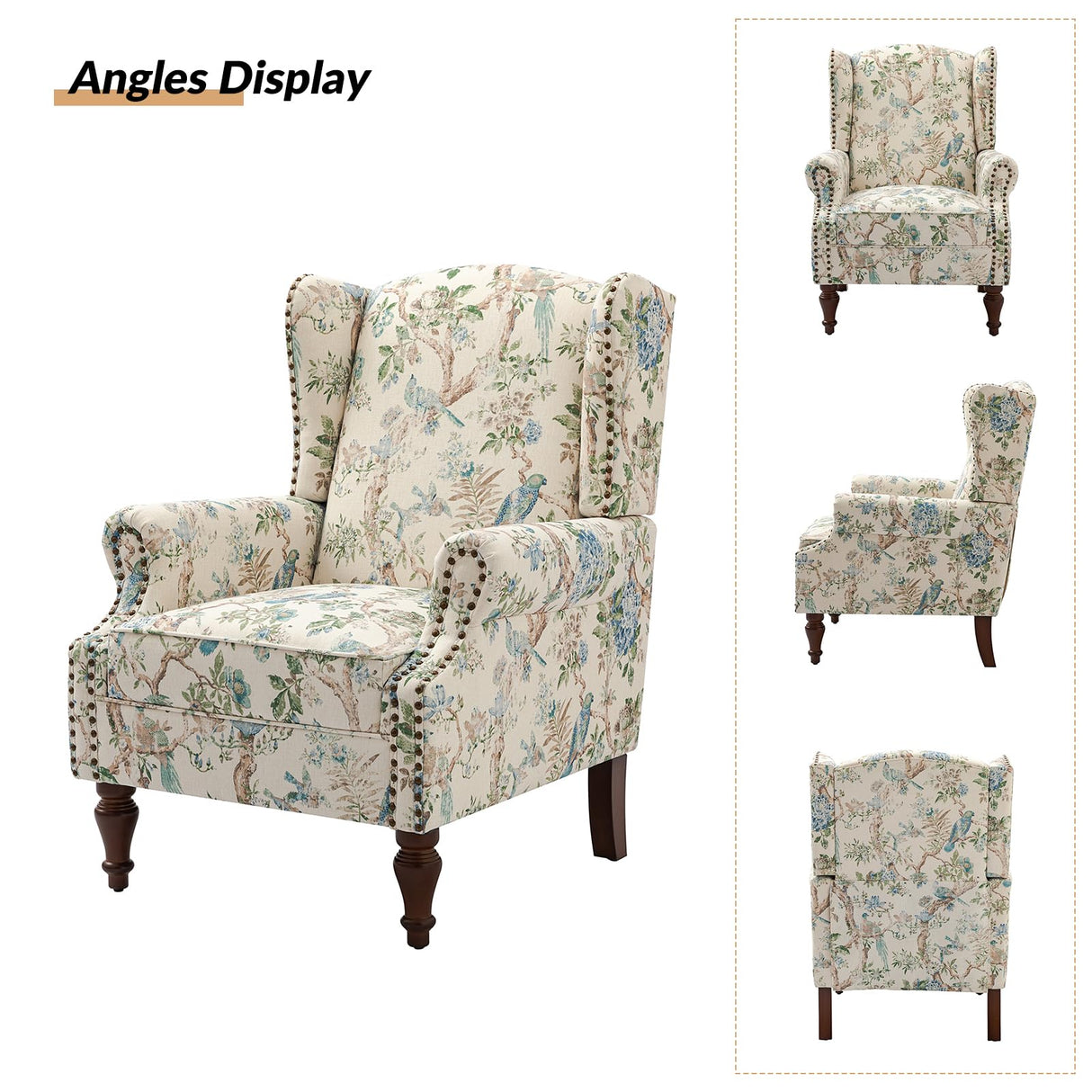 HULALA HOME Wingback Accent Chair with Floral Pattern Design, Traditional Fabric Armchair with Nailhead Trim and Retro Wooden Legs, Bird HULALA HOME