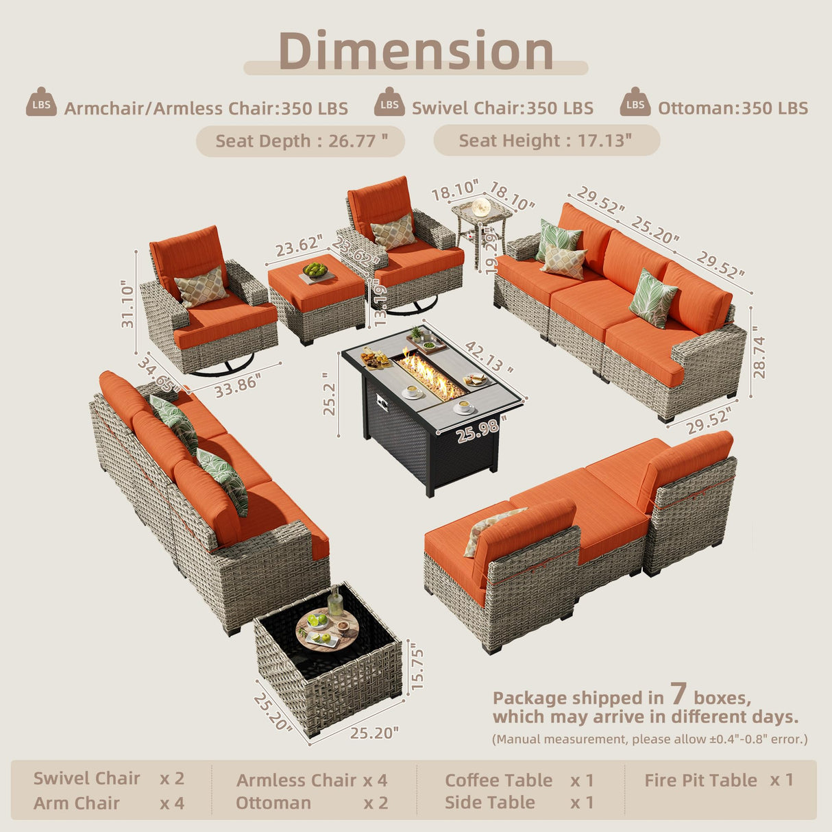CAODOC 15-Piece Outdoor Sectional Sofa Set w/ 43" Fire Pit – L-Shaped Wicker Patio Furniture, Deep Seating & Swivel Rockers, Red CAODOC