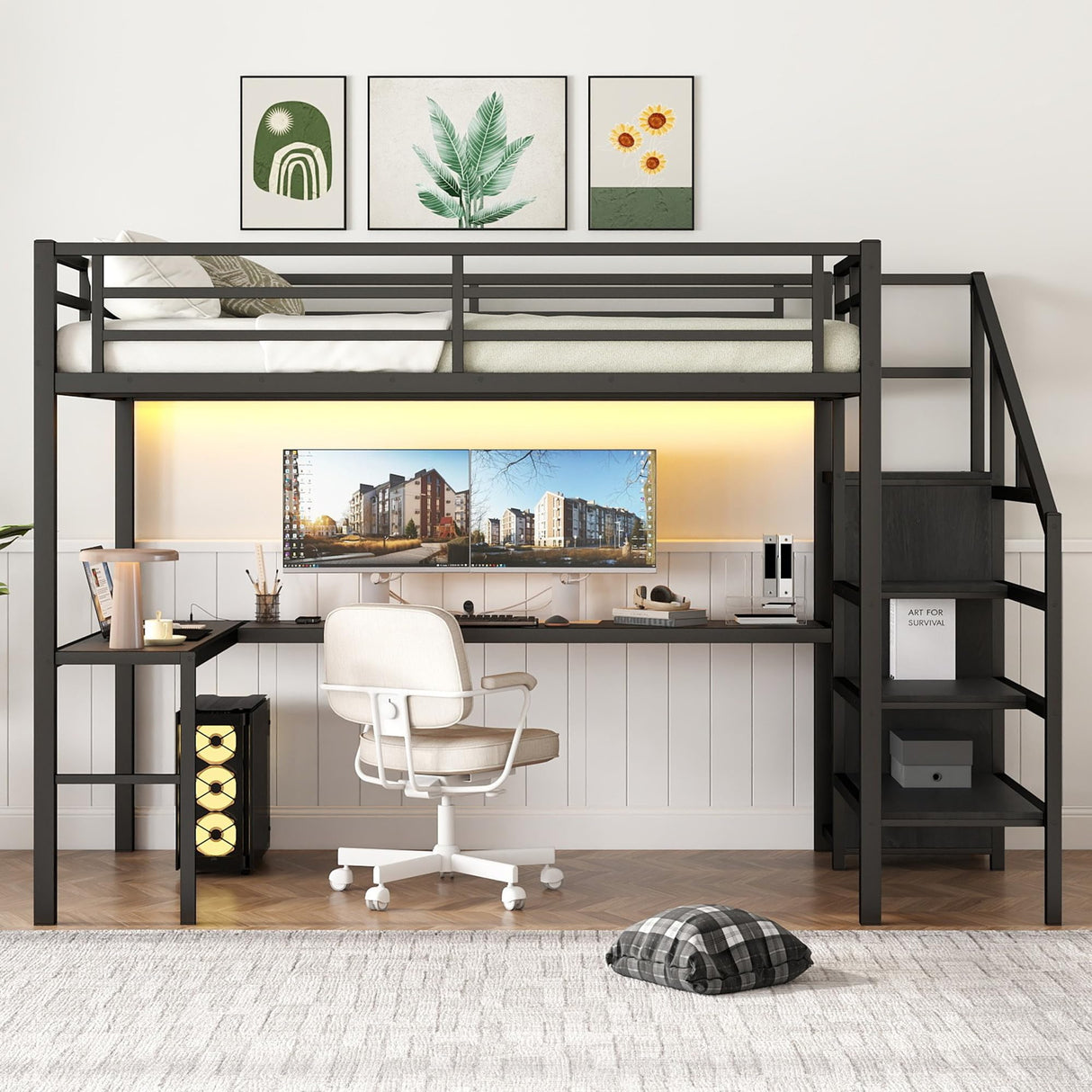 Bellemave Full Size Metal Loft Bed with L Shaped Desk and Wardrobe, Heavy Duty Loft Bed Frame with Storage Stairs, LED Loft Bed Frame with Charging Station & Safety Guardrails, Black Bellemave