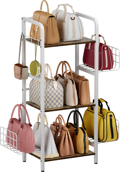 Tuohours 3-Tier Purse Organizer Rack, Iron & Wood Floor-Standing Bag Storage Holder with Adjustable Side Basket and Hook Handbag Organizers Display Stand Shelf for Closet, Bedroom, Entryway, White