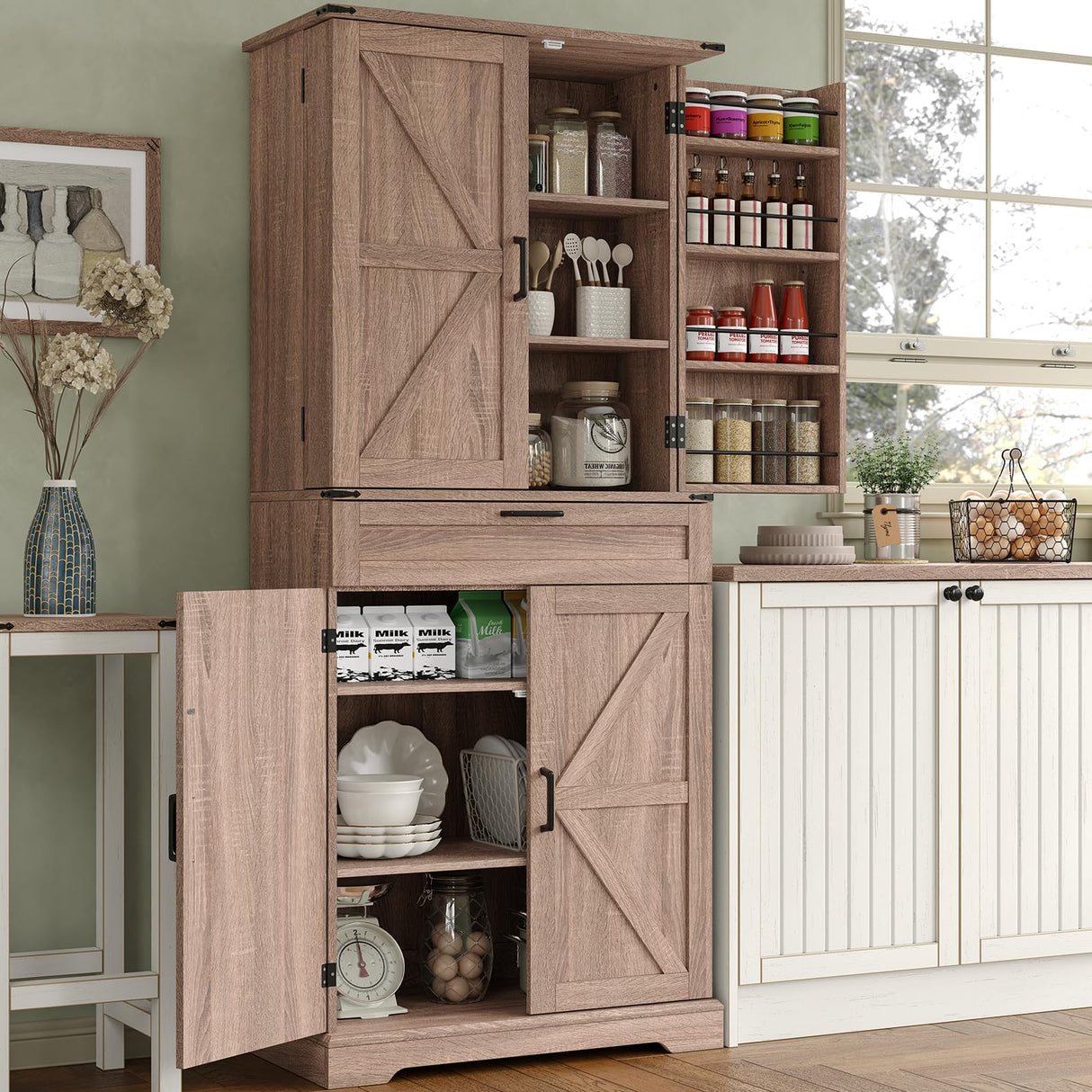 FUSOU 72'' Kitchen Storage Pantry Cabinet, Tall Storage Cabinet with 8 Door Shelves, 2 Cabinets and 1 Drawer, Freestanding Cupboard for Kitchen, Dining Room, Bathroom, Laundry, Living Room, Espresso FUSOU