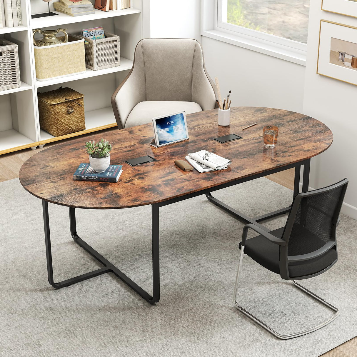 Nightcore 8 FT Oval Conference Table, 95" x 48" x 30" Large Meeting Table with Cable Holes and Strong Metal Frame for Office, Business Style Training Table for 12 People, Rustic Brown & Black Generic