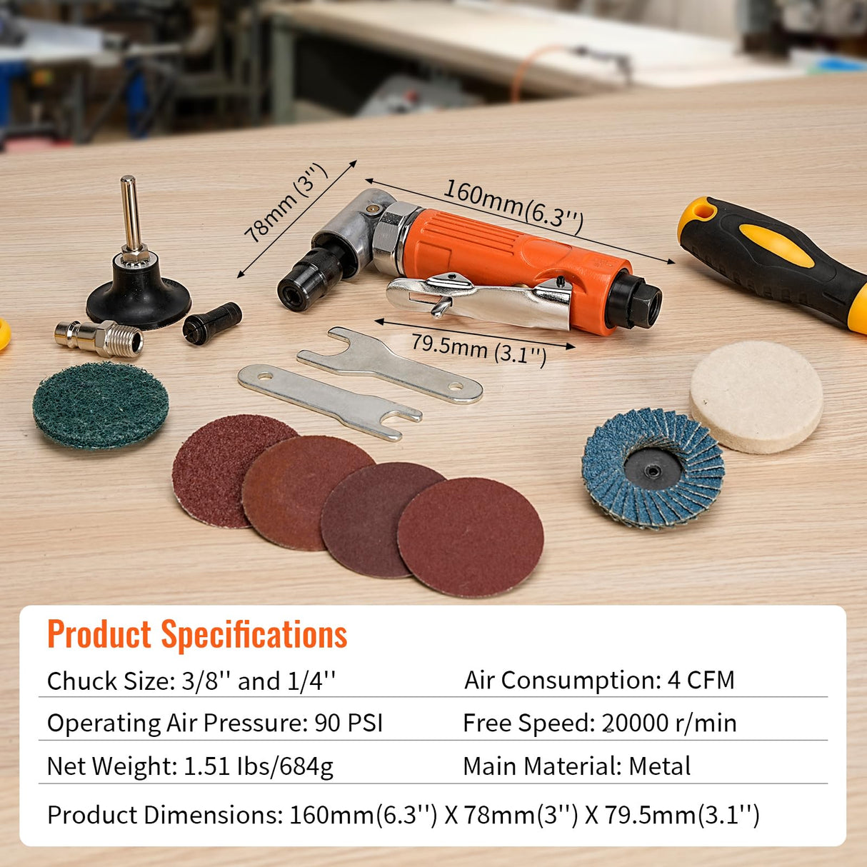 Baisiky 1/4" Mini Air Die Grinder Kit Right Angle 90 Degree Pneumatic Sander 20,000RPM High Speed with 1/4"(6MM) and 1/8"(3MM) Collets for Grinding, Polishing and More Baisiky