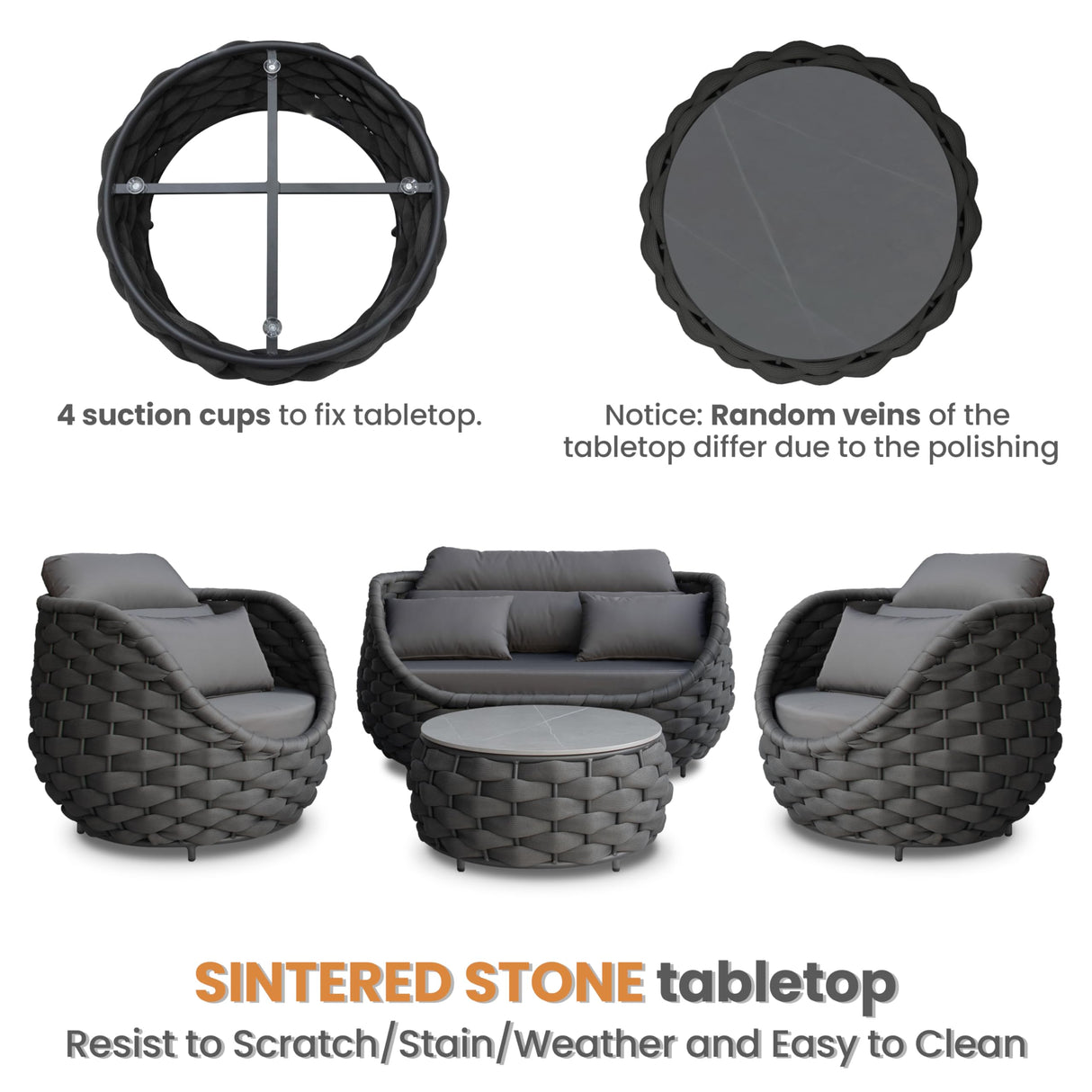 Erotr Aluminum Patio Furniture Set of 4: Woven Rope Outdoor Conversation Sofa Set Assembled - Modern Cushioned Armchair Couch Set for 660lbs Porch Deck Backyard Poolside Drawing Room Hotel, Dark Gray Erotr