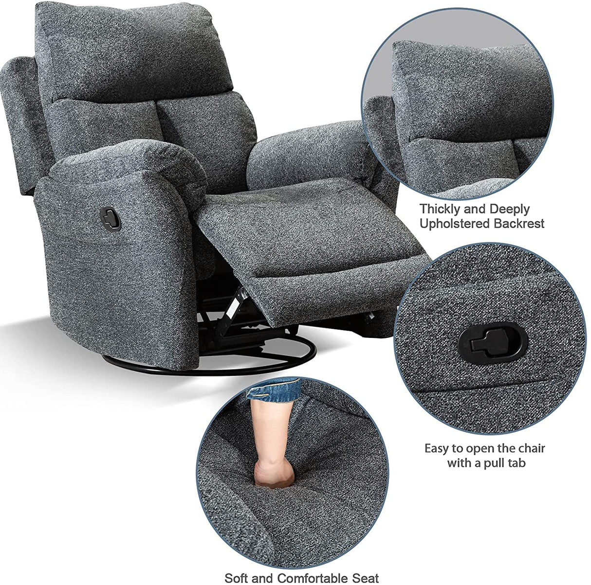 ANJ Swivel Rocker Recliner Chair, Manual Fabric Glider Nursery Recliner Chair, Single Rocking Modern Sofa Home Theater Seating for Living Room, Nursery (Dark Gray) ANJ