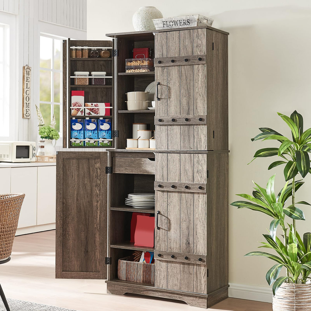 LUXOAK 72" Tall Farmhouse Kitchen Pantry with Rivet Barn Doors, Rustic Wood Cupboard Storage Cabinet/w Drawer & Adjustable Shelves for Dining Living Room, Bathroom & Hallway, Rustic Gray LUXOAK