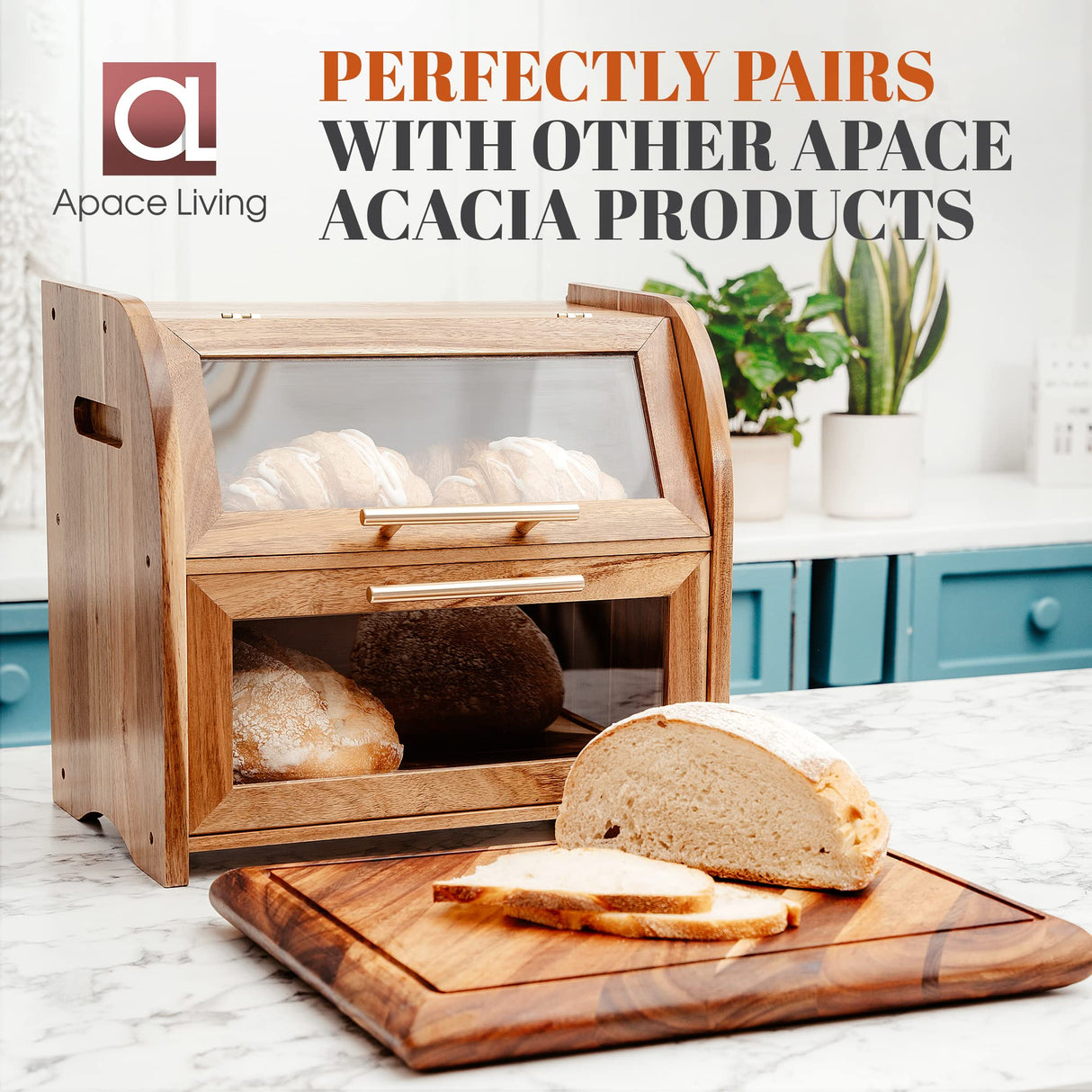 Arise Stylish Acacia Bread Box for Kitchen Countertop, Extra Large 2-Shelf Wooden Bread Storage Container with Clear Windows and Air Vents Keep Bread, Bagels and Rolls Fresh, Self Assembly Apace Living