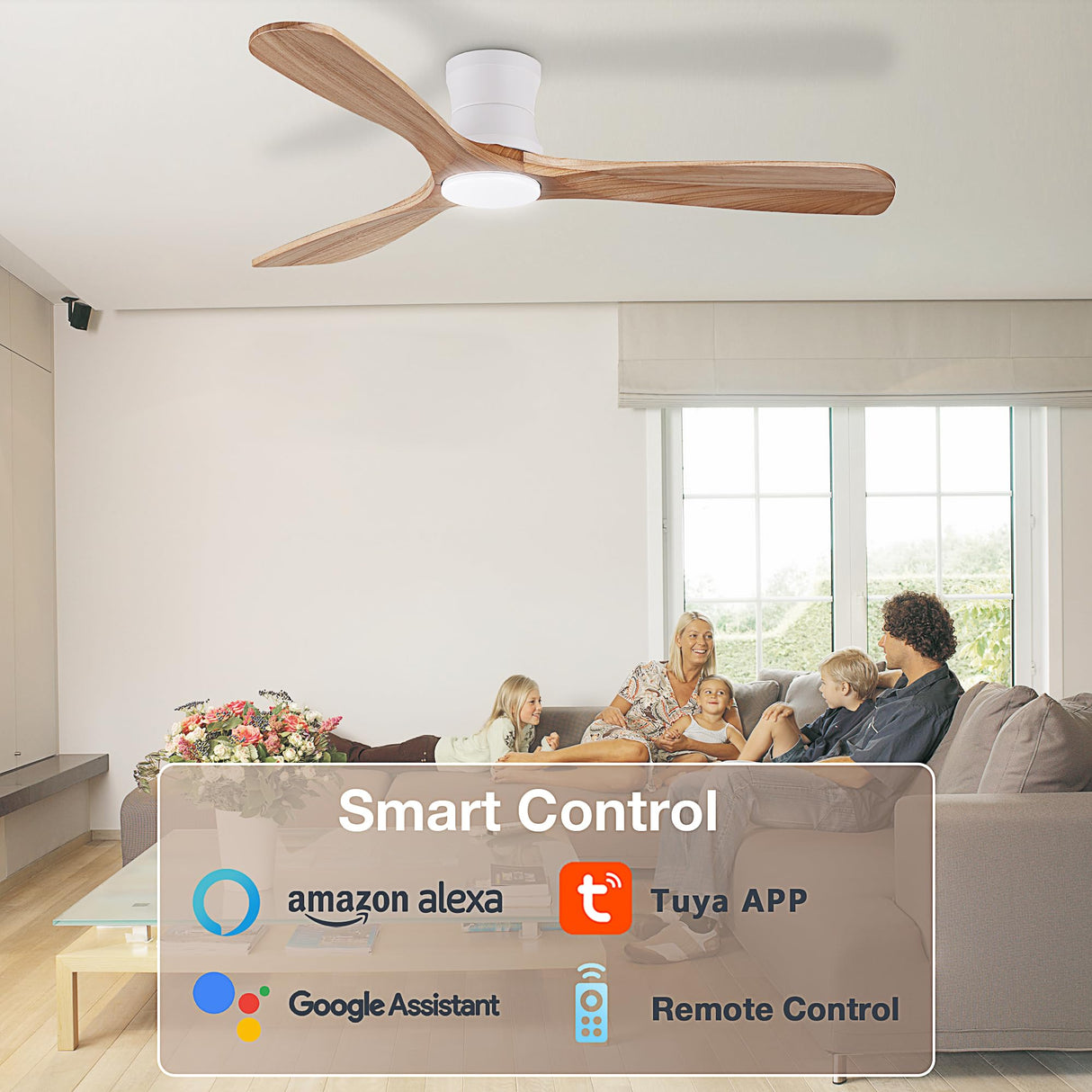 Hoenofly Smart 52” Wood Flush Mount Ceiling Fans with Lights and Remote,Quiet DC Motor,Outdoor Indoor Ultra Low Profile Ceiling Fan works with Alexa WIFI APP,Modern White Ceiling Fan for Bedroom Patio Hoenofly