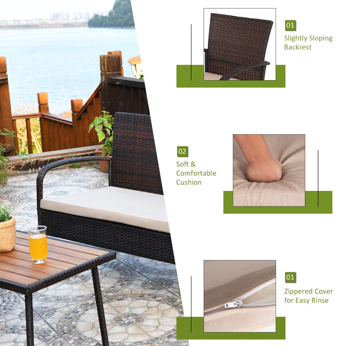 Tangkula 4 PCS Patio Rattan Furniture Set, Outdoor Conversation Set w/Cushions & Acacia Wood Coffee Tabletop, Sectional Sofa Set for Garden, Backyard, Poolside (1, Brown) Tangkula