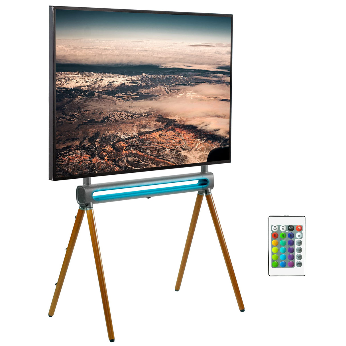 VIVO Artistic Easel 49 to 70 inch LED LCD Screen, Studio TV Display Stand with RGB Lighting, Adjustable TV Mount with 4 Wooden Legs, STAND-TV70D VIVO