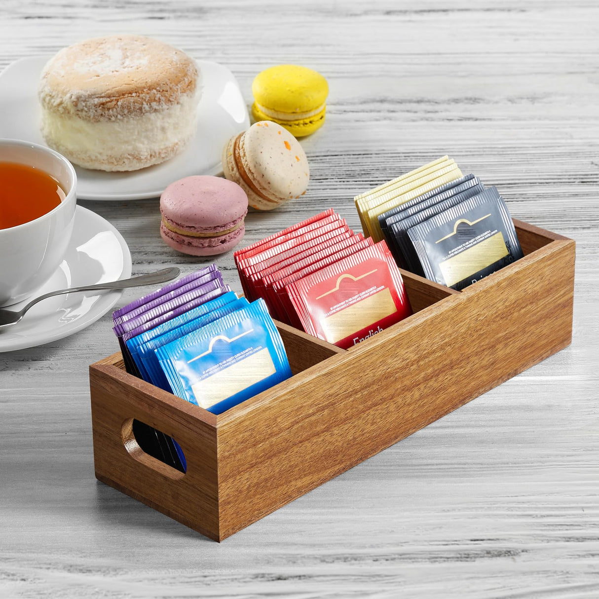 DRASTAR Tea Bag Organizer, Acacia Tea Bag Holder, Tea Storage Containers with 3 Slots, Wooden Tea Storage Accessories, Mini Tea Bag Caddy Box for Countertop DRASTAR