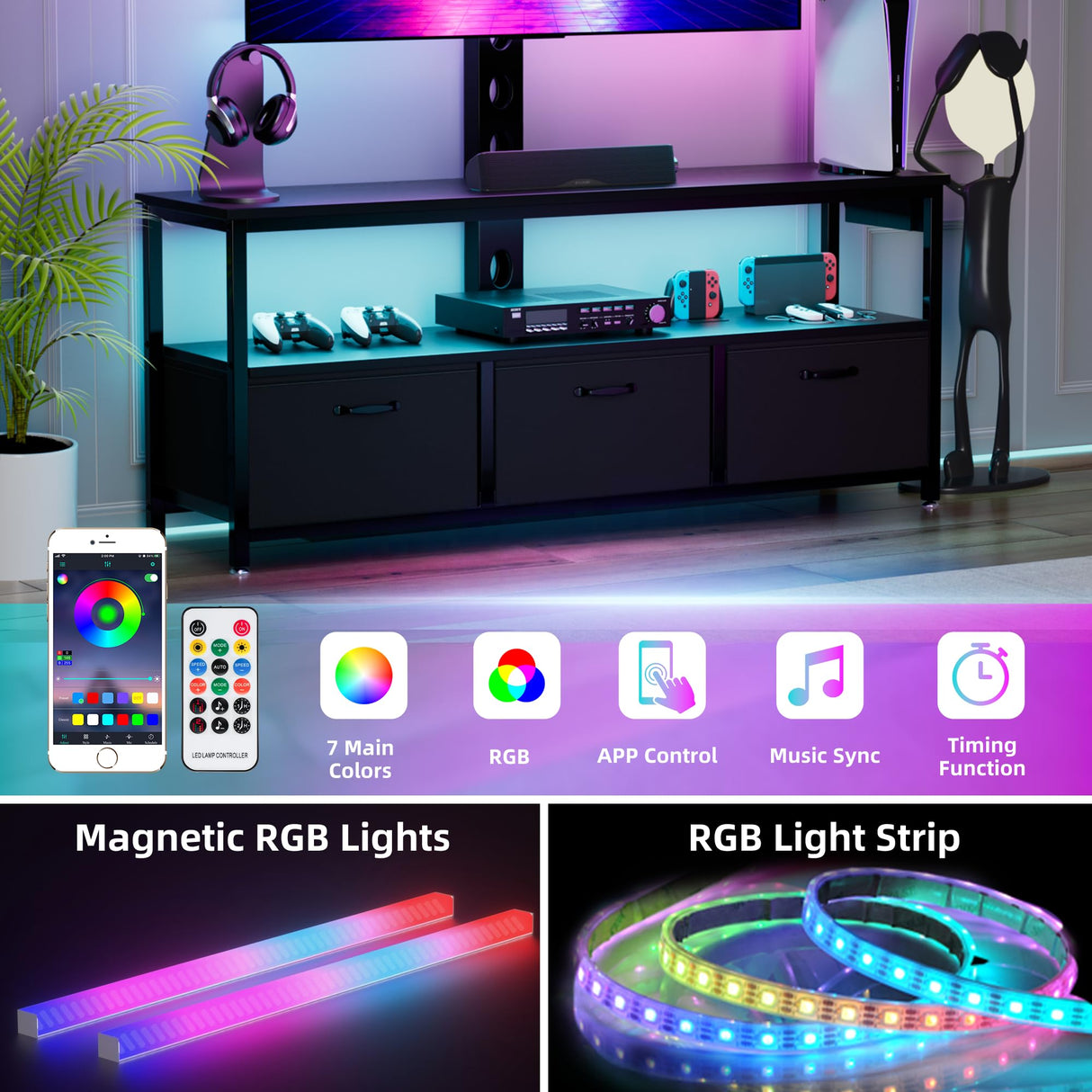 TV Stand with Mount and Power Outlet, Swivel TV Stands Mount with LED Lights for 32/45/55/60/65 inch TVs, Tall Entertainment Center with Storage, Media Console Cabinet for Living Room, Bedroom, Black MJOMKN