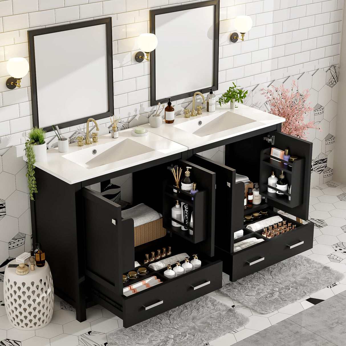 60" Black Bathroom Vanity with Double Sink, 60 Inch Bathroom Vanity Set with Double Vanities (Separate), 2 Bathroom Vanities with Sink, Storage Shelf, and Divided Drawers (Mirror not Included) Mirightone