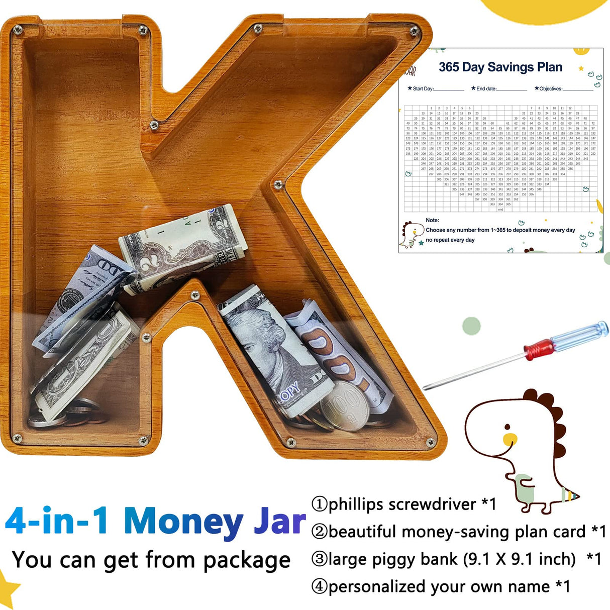 Custom Piggy Bank with Laser Engraved Name, Creative Alphabet Letter Storage Bank, Personalized Wooden Toy with DIY Letter for Kids, Money Bank (K) Sulevalt