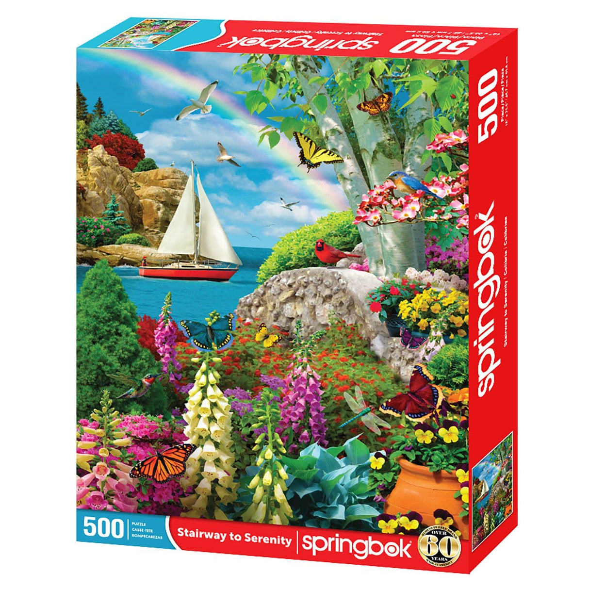 Springbok Stairway to Serenity 500 Piece Jigsaw Puzzle for Adults by Arist Alan Giana - Colorful Garden by The Ocean - Finished Size 23.5" x 18" Springbok
