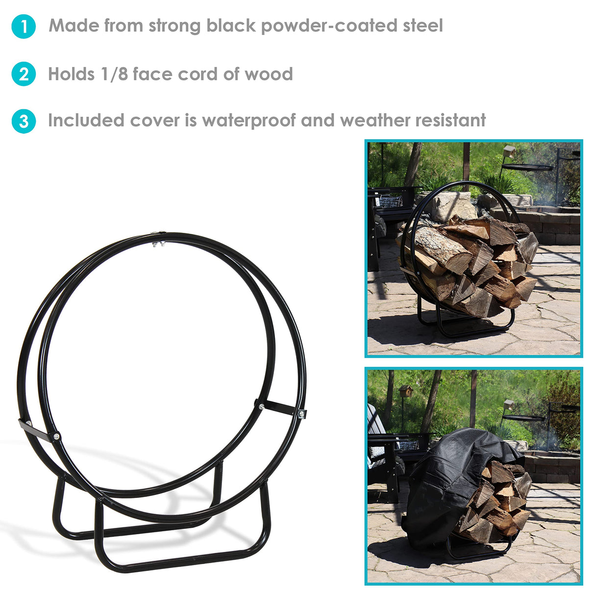 Sunnydaze Outdoor Firewood Log Rack Hoop and Cover Set - Powder-Coated Steel Round Firewood Rack and PVC Cover - Black - 24-Inch Sunnydaze