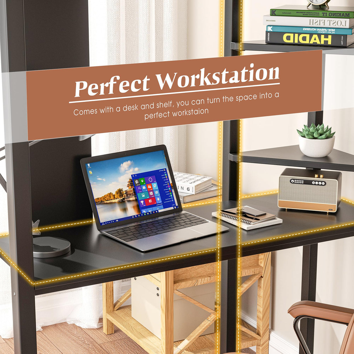 Shintenchi Full Size Loft Bed with Desk, Metal Frame with 2 Side Ladders, Storage Shelves, Safety Guardrail, Noise Free & Anti-Tilt Design, Space-Saving for Kids/Teens/Adults, Black Shintenchi