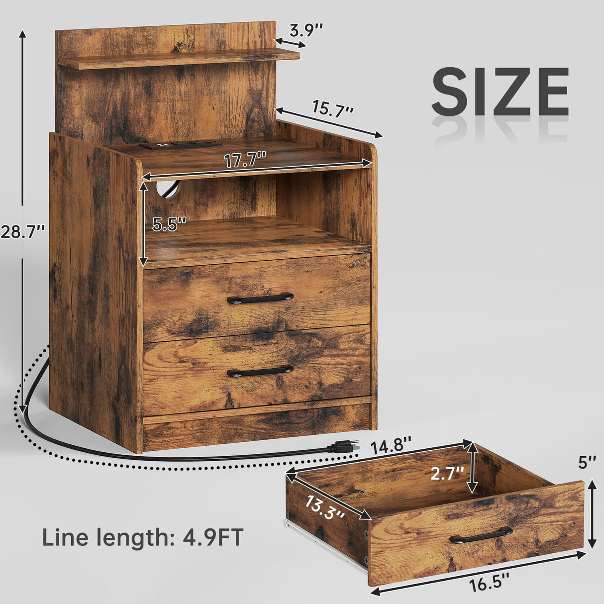 Night Stand, Nightstand with Charging Station, LED Bedside Table with Drawers and Storage Shelf, Modern Wood End Table Side Table for Bedroom, Rustic Brown MONECHO