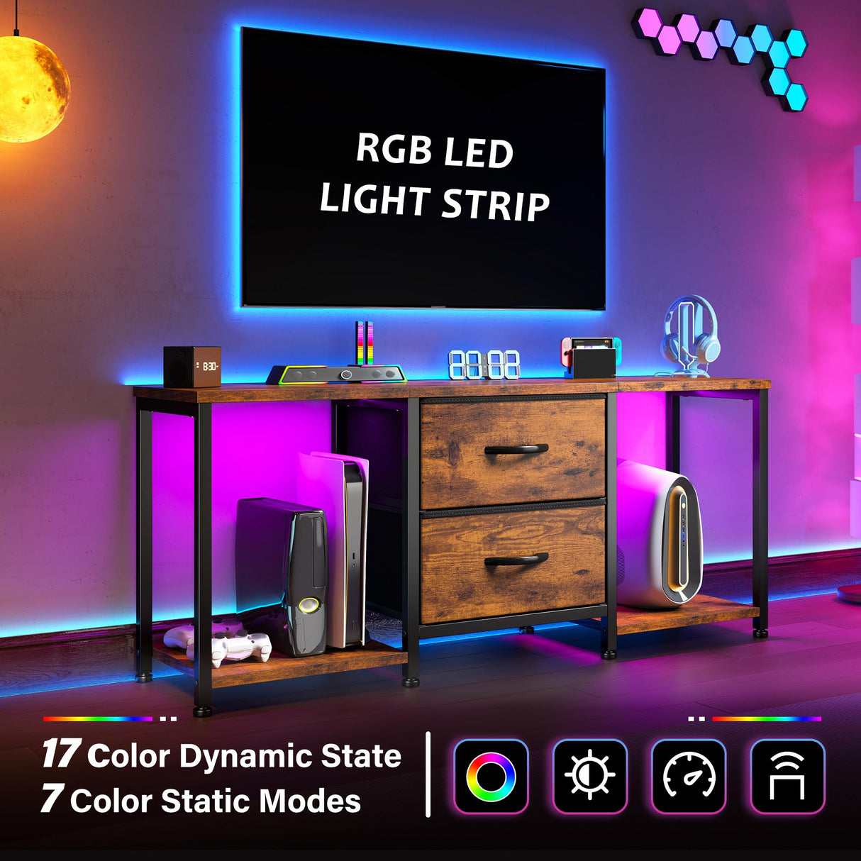 LED TV Stand Dresser for TVs up to 55 Inch, Entertainment Center with 2 Fabric Drawers and 2 Open Storage Shelves, Coffee Table Television Stands for Living Room, Bedroom, Wood Top, Rustic Brown EnHomee