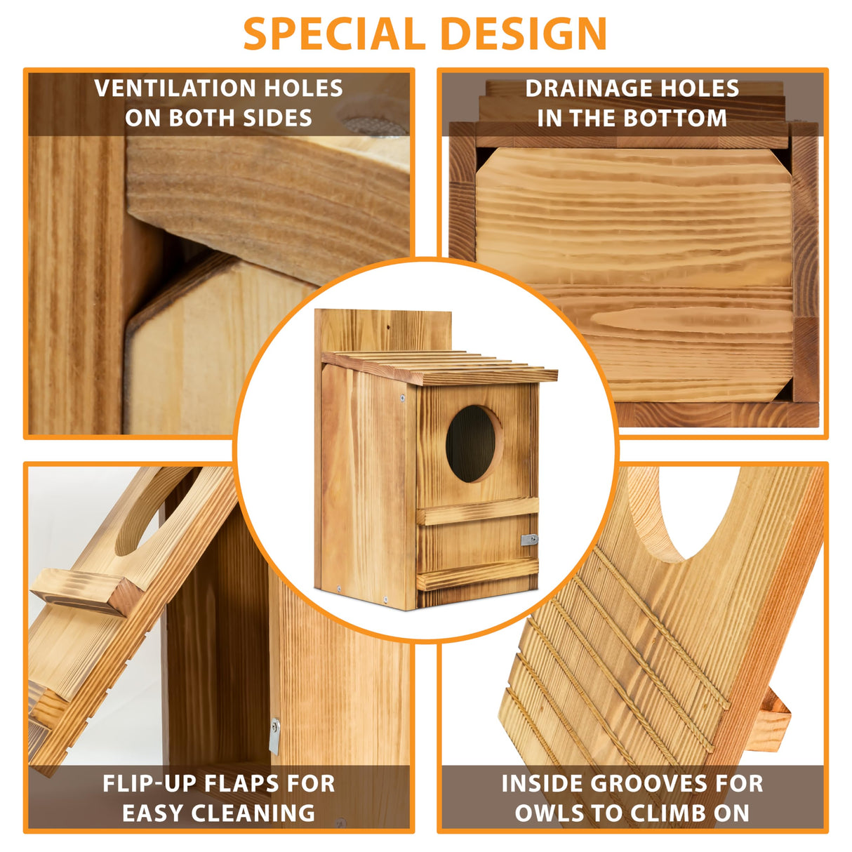 Screech Owl House, Owl Bird Box Large Handmade Wooden Circular Opening Screech Box for Outside with Mounting Screws and A Bag of Wood Shavings, Easy Assembly Required (Brown, 9" x 14.5") MOBYKE