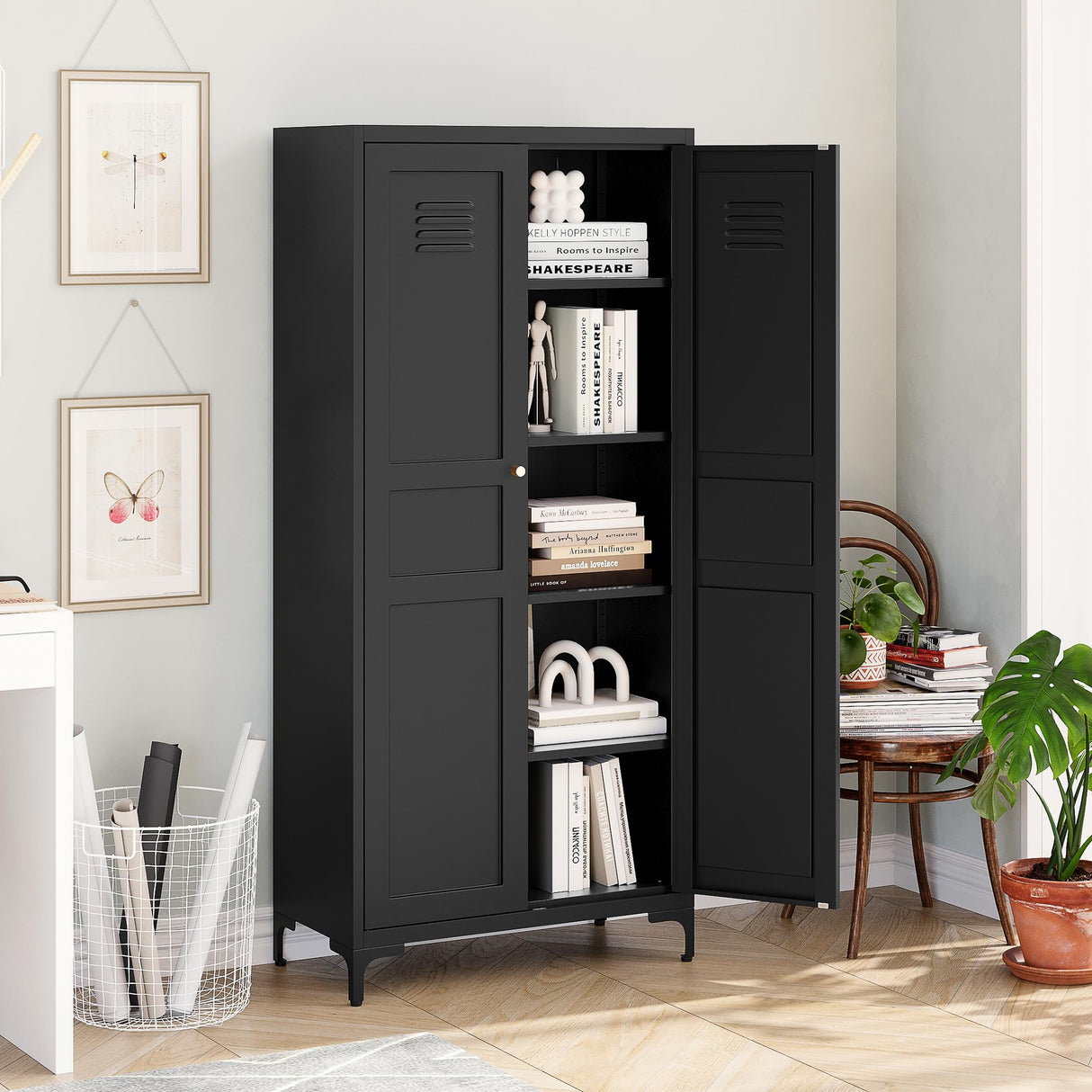 MIIIKO Storage Cabinet with Doors, Metal Pantry Cabinet, Tall Kitchen Storage Cupboard with 4 Shelves, Freestanding Storage Cabinet for Laundry Room, Garage and Bathroom MIIIKO