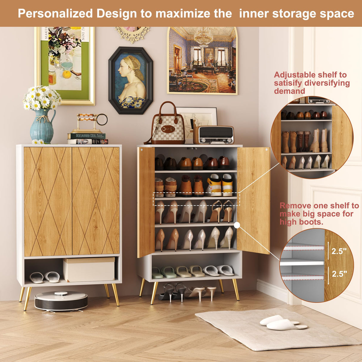 HOMEFORT Shoe Cabinet,15 Pairs Shoe Rack Organizer Cabinet, Shoe Storage Cabinet for Narrow Entryway Closet,6-Tier Modern Shoe Organizer with Double Doors and Adjustable Shelf (White Oak) HOMEFORT