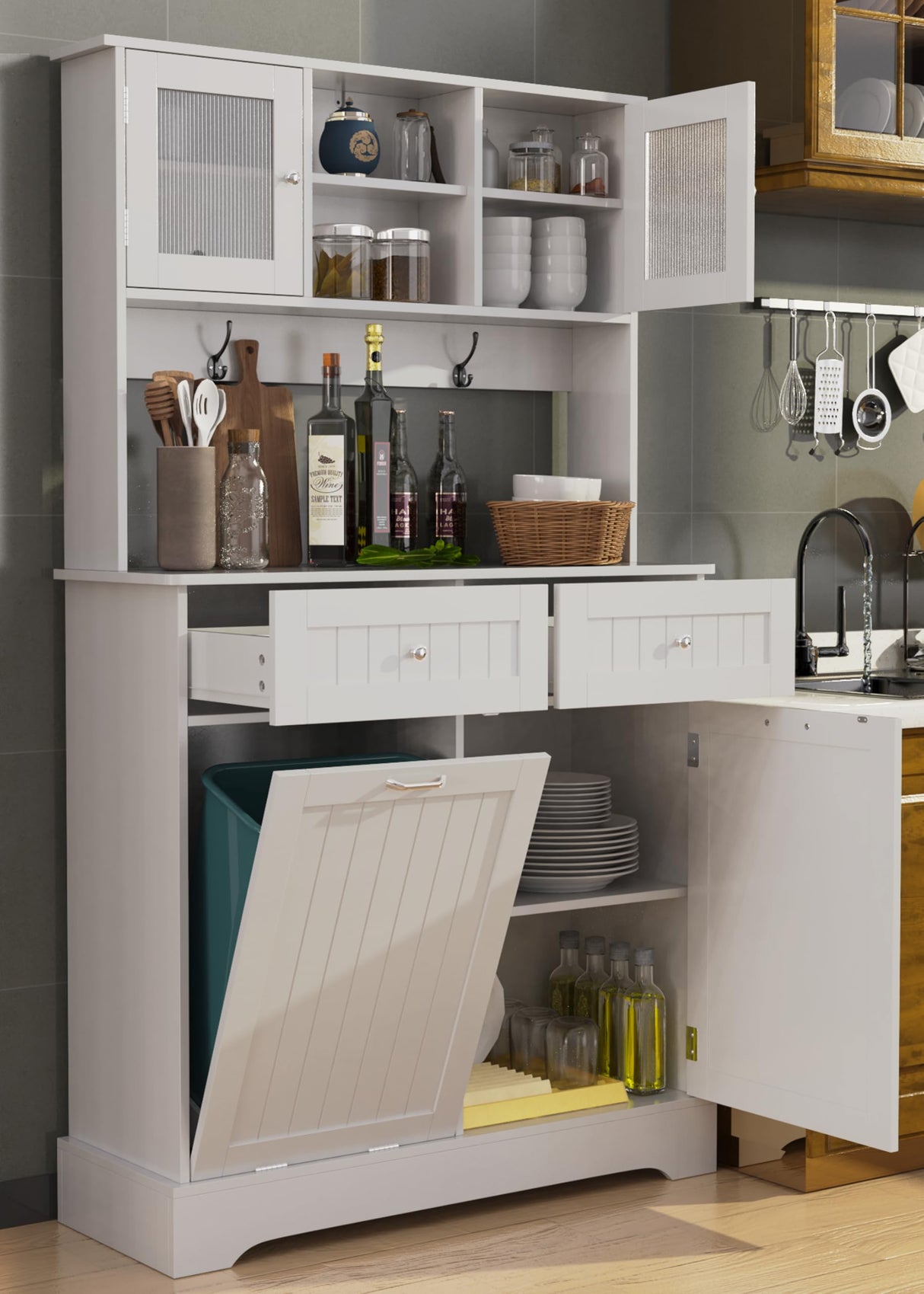 LOUVIXA 68.4" Kitchen Pantry Storage Cabinet, Freestanding Cupboard with 3 Cabinets, 2 Drawers and 1 Tilt Out Trash Cabinet, Tall Storage Cabinet for Kitchen, Dinning Room, Living Room (White) LOUVIXA