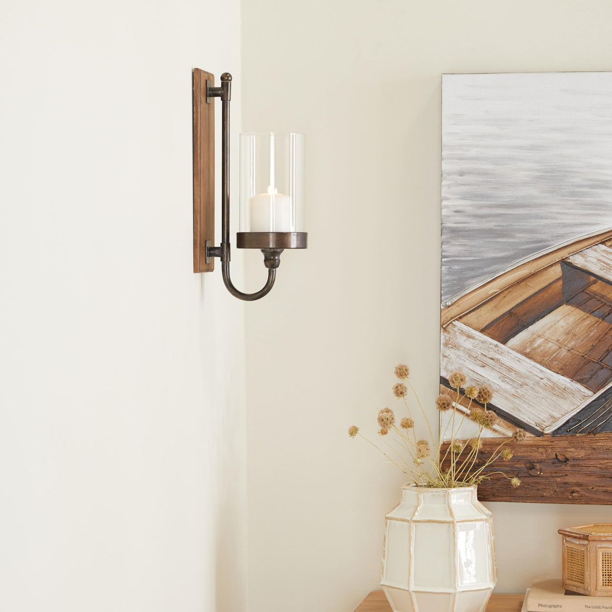 Deco 79 Wood Wall Sconce with Glass Holder, 5" x 8" x 16", Brown Deco 79